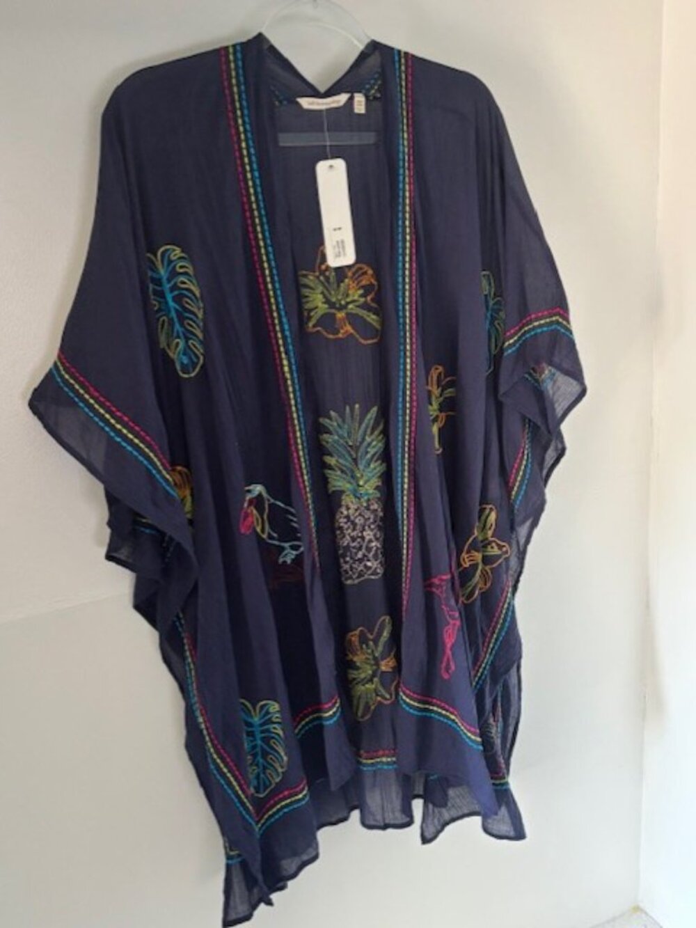 Soft Surroundings NWT One Size Navy Embroidered Tropical Kimono Cover Up Resort - Picture 3 of 10